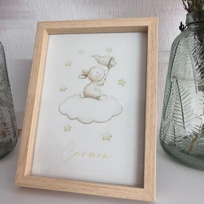Lamina infantil conejito cazando estrellas